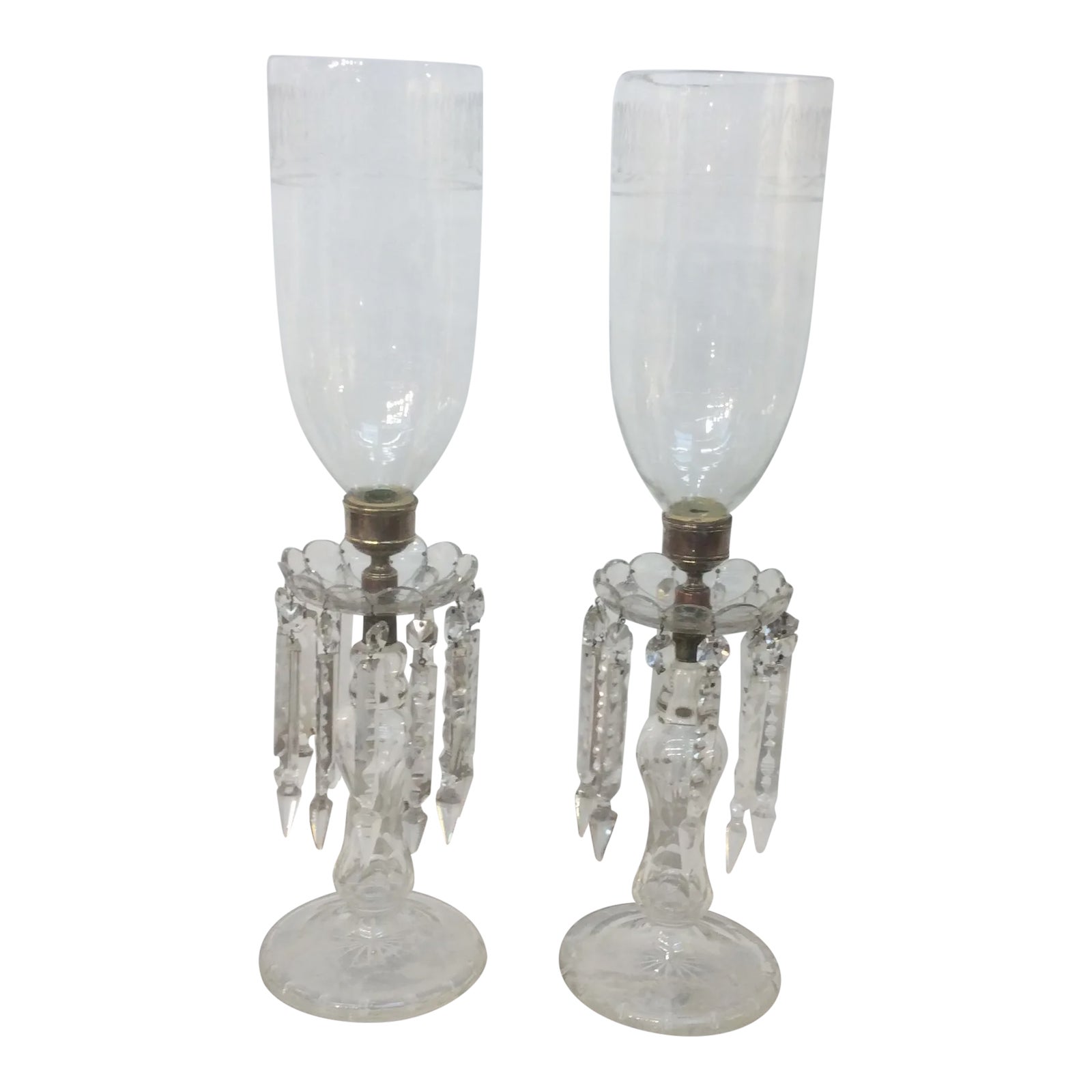 19th C Crystal Candlesticks With Etched Glass Hurricanes Chairish