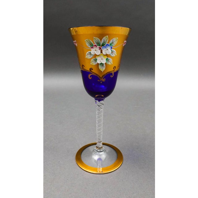 Tre Fuochi Venetian Glass Cobalt Blue 24k Gold Wine Glasses Set of 6 For Sale In Miami - Image 6 of 11