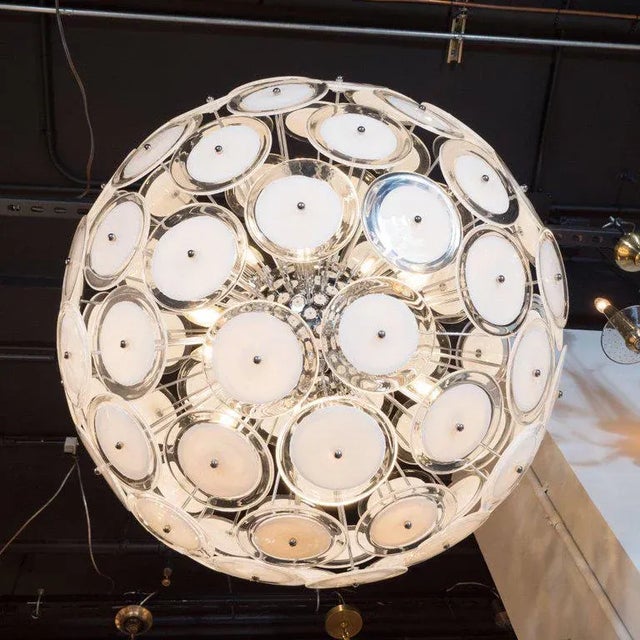 Metal Modernist White and Clear Disc Murano Chandelier with Polished Nickel Frame For Sale - Image 7 of 9