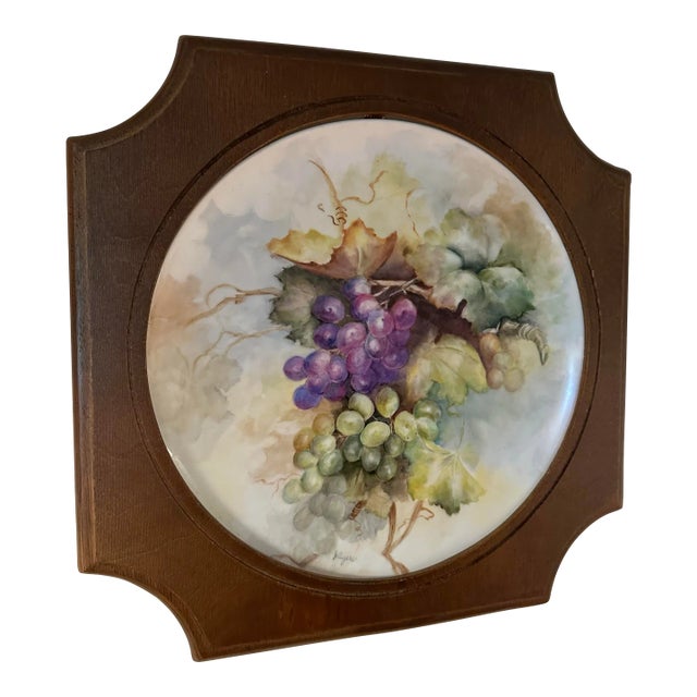 French Limoges Still Life Hand Painted Wood Framed Porcelain Decorative Plate For Sale