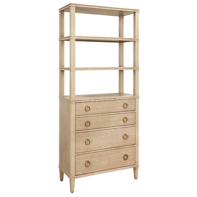 Brand new special order item. Not vintage. Elegant four-drawer etagere crafted in cerused oak with warm, natural grain...