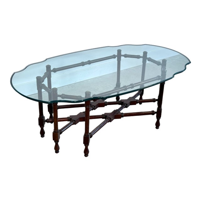 Hammary Mahogany Faux Bamboo Coffee Table With Scalloped Glass Top For Sale