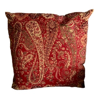 Discontinued Pottery Barn 2010 Accent Pillow Red Paisley Made of Wool Fabric Back to Velvet 26” X 26” For Sale