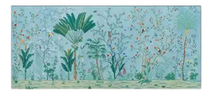 Chinoiserie Palm Tree Murals Hand Painted Wallpapers on Blue Edo Xuan Paper Panel - 6 Panels