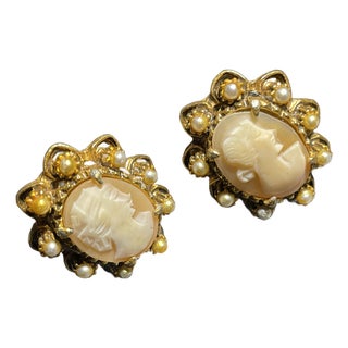 MCM Jewelry in Victorian Revival Cameo Pearl Earrings in Style of Florenza, Pair For Sale