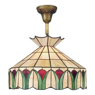 1940s Stained/Slag Glass Hanging Shade Chandelier With Tulips Design For Sale