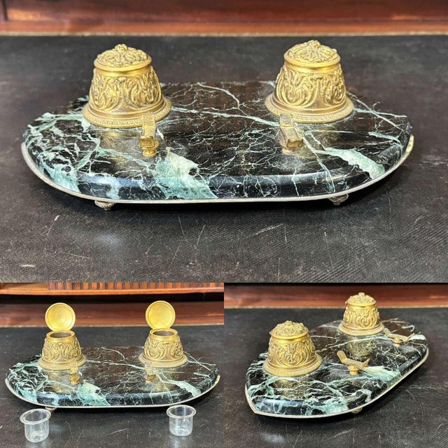 Late 19th-century Napoleon III inkwell in marble and bronze - L=23cm W=14cm H=7cm