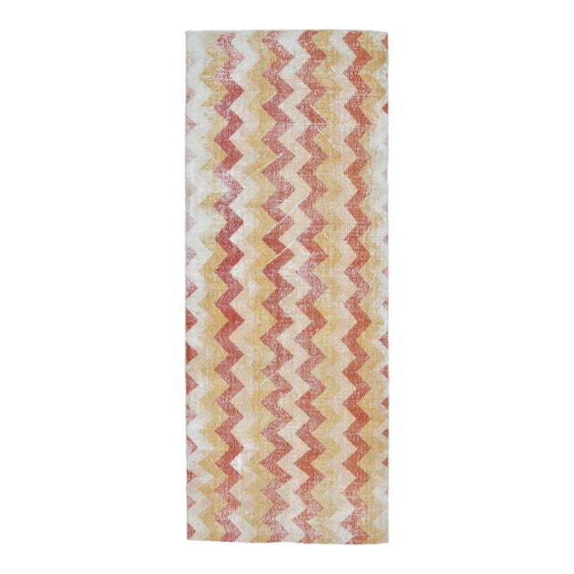 Vintage Chevron Yellow Turkish Hand-Knotted Tribal Runner For Sale