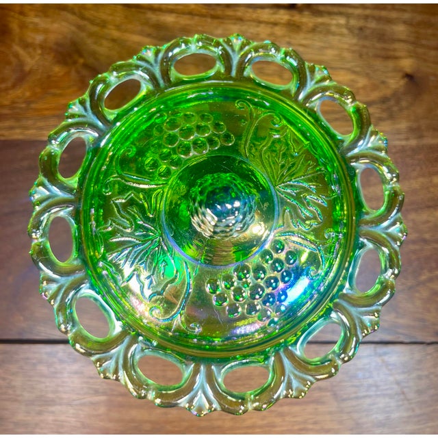 Colony Harvest Carnival Green Glass Footed Candy Dish & Lid For Sale In Orlando - Image 6 of 8
