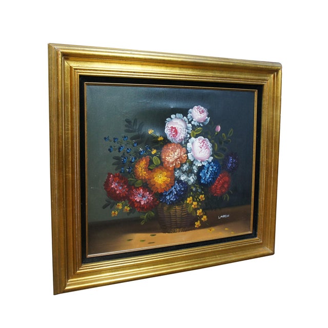 Late 20th century still life oil on canvas painting by L. Martin. Depicts a bouquet of bright multi-colored flowers in a...