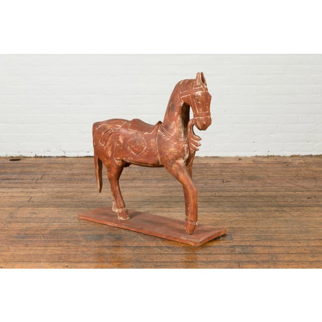 Mid 20th Century Indian Carved and Painted Wooden Mogul Horse on Rectangular Base For Sale - Image 10 of 13