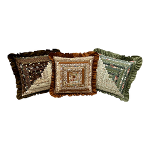 Set of Three Unique Vintage Handmade American "Log Cabin" Quilt Pattern With Floral Fabrics and Ruffled Edges Throw Pillows