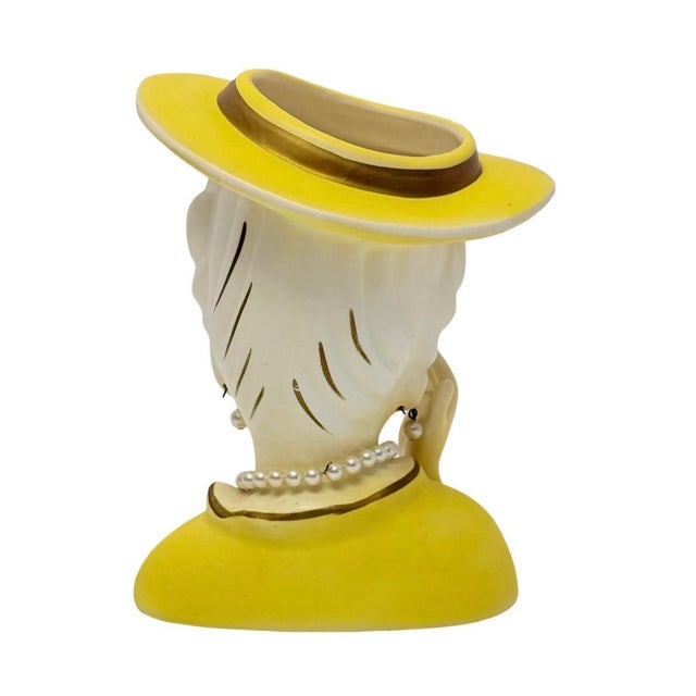 Vintage Arnart Head Vase Lady Yellow Hat Pearl Necklace Earrings Japan. For Sale - Image 4 of 8