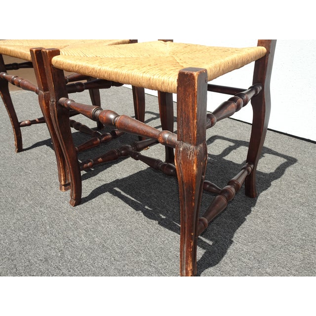 Pair of Antique French Provincial Style Ornate Carved Rush Seat Side Chairs For Sale - Image 15 of 17