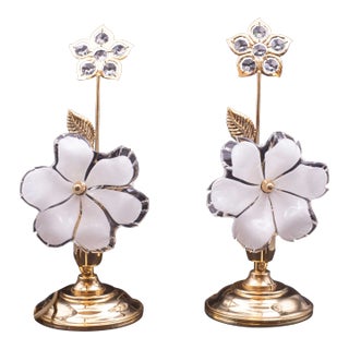 Set of 2 Murano Style Glass Table Light White Flowers, 1970s For Sale