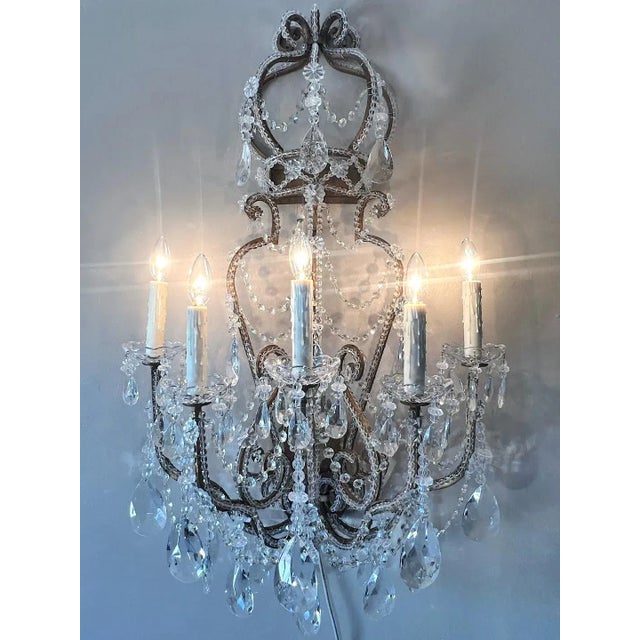 2000 - 2009 Pair Monumental Light Crystal Beaded French Chateau Sconces Mansion Attr. Dennis Leen For Sale - Image 5 of 7