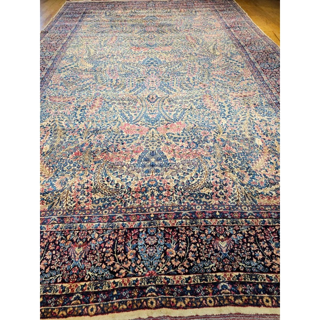 Ivory Vintage Oversized Persian Kerman Lavar Rug, Hand-Knotted Wool, Floral Pattern, Ivory & Blue, 11’ X 18’ For Sale - Image 8 of 16