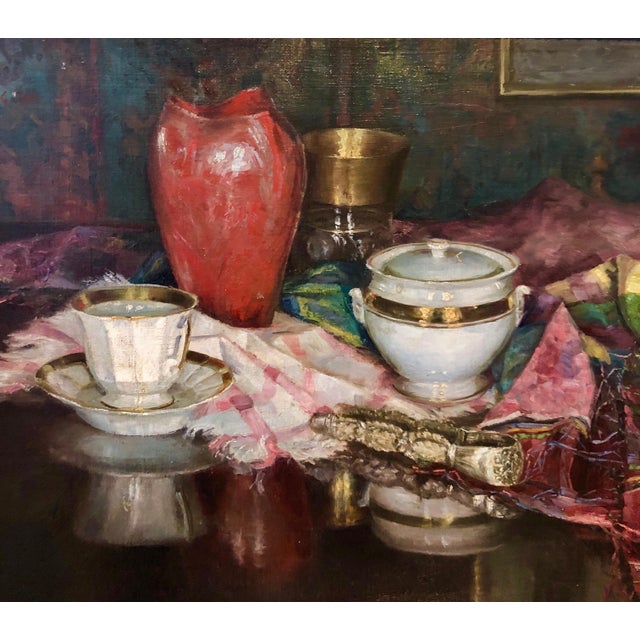 Nina Karasek, 1925 Viennese Oil Painting Interior Still Life with Porcelain Vase, Tapestry Rug, 1925 For Sale - Image 12 of 14