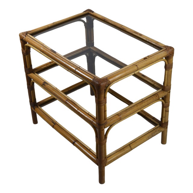 Vintage Bamboo and Smoked Glass Three-Tier Side Table, 1970s For Sale