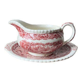Mason's Pink Vista Pattern Ironstone Collection Antique and Vintage Serveware Gravy and Saucer Set For Sale