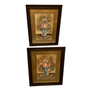 Late 19th Century Original Victorian Floral Watercolor Paintings Signed J. Colologh, Framed - Set of 2