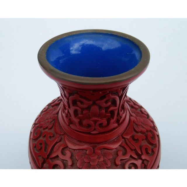 Vintage C.1950's Chinese Asian Carved Cinnabar With Interior Blue Enamel Vase For Sale In West Palm - Image 6 of 13