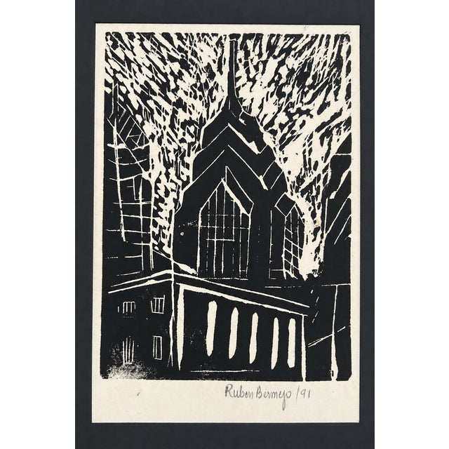 A striking signed and dated 1991 architectural print by artist Ruben Bermejo, featuring a dramatic black-and-white...