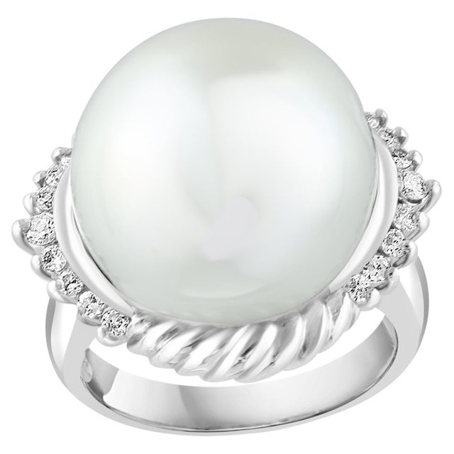 16MM Round White South Sea Pearl Diamond Platinum Halo Sunburst Ring For Sale - Image 15 of 18