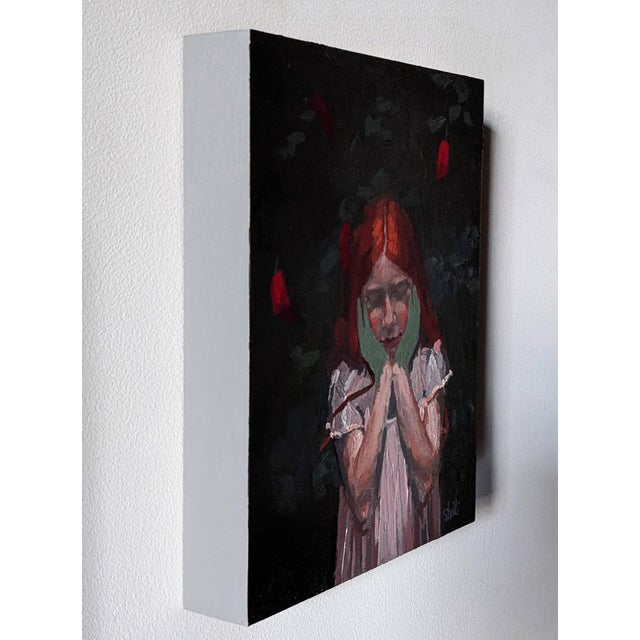 Figurative Girl with Peppers by Shelli Langdale | Oil on gallery panel Girl with red hair holding her face. For Sale - Image 3 of 3