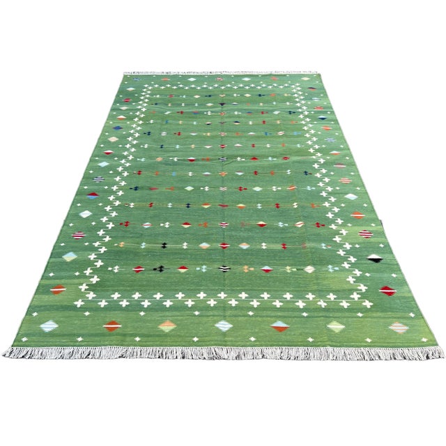 Handmade Cotton Dhurrie Vegetable Dyed Forest Green Shooting Star Rug - 6'x9' For Sale - Image 9 of 11