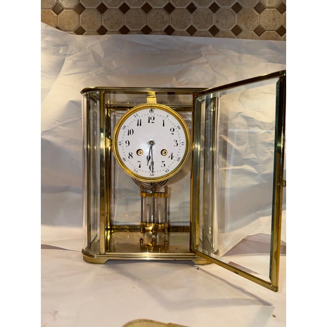 Antique French Art Deco Crystal Regulator Mantel Clock With Curved Glass For Sale - Image 10 of 12