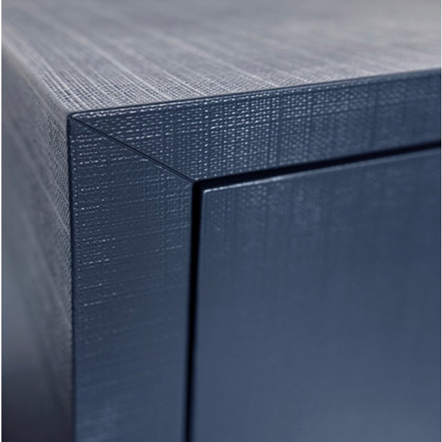 Worlds Away Matthew Izzo Home Getty Navy Linen Three Drawer Chest With Antique Brass Circle Hardware For Sale - Image 4 of 6