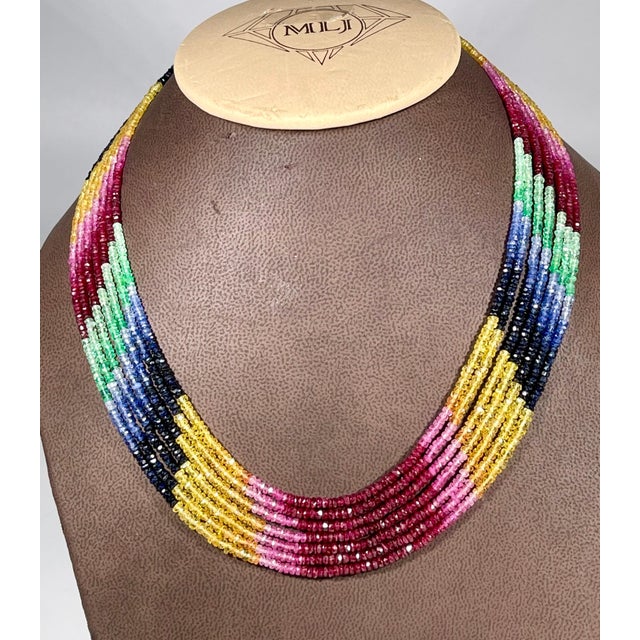 200 Ct 7 Layer Natural Emerald Ruby & Sapphire Bead Necklace 14k Gold Adjustable For Sale - Image 17 of 18