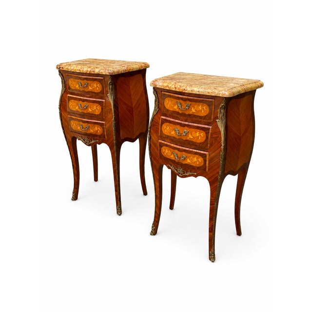 Louis XV Bedside Tables with Floral Marquetry, 1890s, Set of 2 For Sale - Image 3 of 11