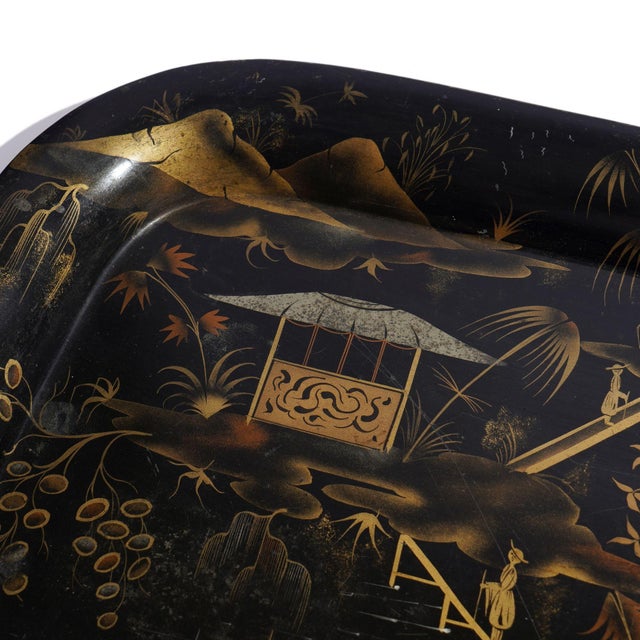 English Naive Chinoiserie Rolled Rim Tole Tray, 1830 For Sale - Image 9 of 12