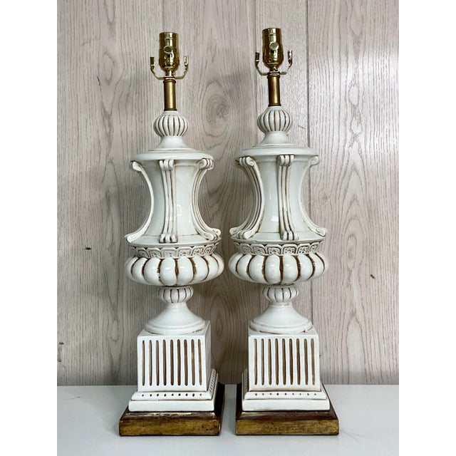 Traditional Vintage Italian Neoclassical Glazed Ceramic Urn Table Lamps – A Pair For Sale - Image 3 of 12