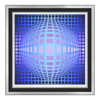 Late 20th Century Vega Kela Geometric Abstract Blue Screenprint With Embossing Victor Vasarely For Sale