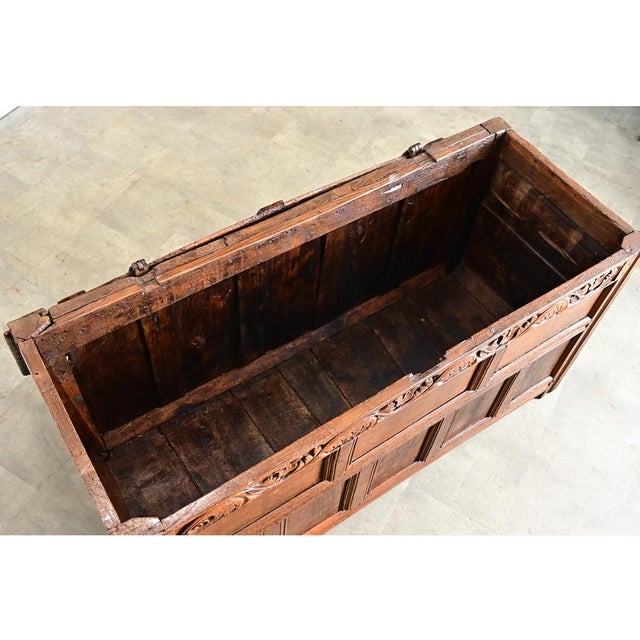 French 18th Century Solid Oak Carved Coffer For Sale - Image 9 of 13