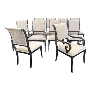 Late 20th Century 10 Kindel Neoclassical Dining Chairs With Scroll Arms – Newly Reupholstered