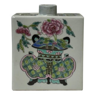 Chinese Flower Ding Vase Graphic Rectangular Porcelain Tea Caddy Jar For Sale