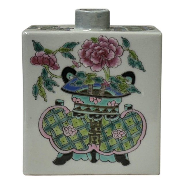 Chinese Flower Ding Vase Graphic Rectangular Porcelain Tea Caddy Jar For Sale