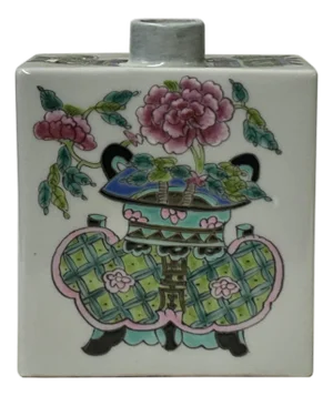 Chinese Flower Ding Vase Graphic Rectangular Porcelain Tea Caddy Jar