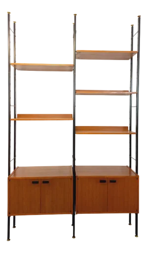 Vintage Italian Double Modular Shelf Bookcase in Teak and Metal, 1960s