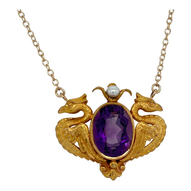 Antique 14k Carter Gough Griffin Amethyst Pearl Pendant on Chain For Sale