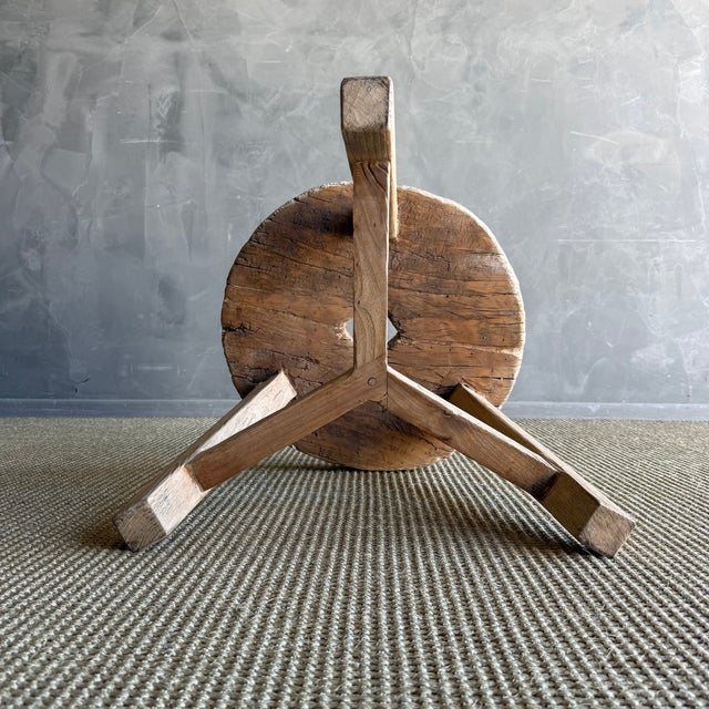 Late 20th Century Vintage Elm Wood Wheel Side Table #D73 For Sale - Image 5 of 8