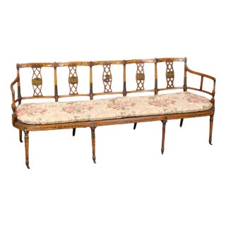 Extremely Rare English Adams Paint Decorated Satinwood 5 Person Cane Settee For Sale