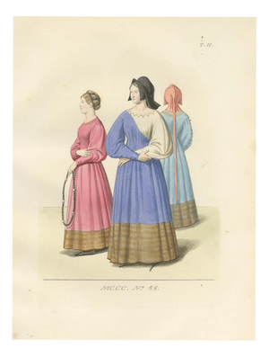 Mercuri, Medieval Women Costume Plate, Hand-Colored Print, 1845