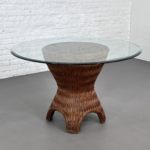 Wood Woven Rattan and Beveled Glass Round Dining Table, 1970s For Sale - Image 7 of 9
