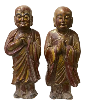Pair of Chinese Wood Brown Golden Lacquer Monk Figures