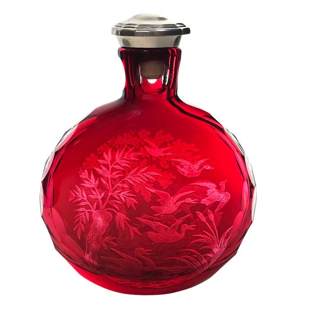 Early 20th Century Early 20th Century Saint Louis Ruby Red Crystal Hunting Scene Flask — Stag & Geese Engraving 6.5" For Sale - Image 5 of 14